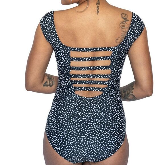 NWT Janela Bay Bardot One Piece Strappy Back Swimsuit Black White Dots Size XXXL - Picture 7 of 14